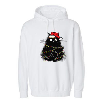 Christmas Lights Cat Black Fluffy Funny Santa Hat Cat Garment-Dyed Fleece Hoodie