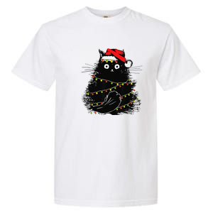 Christmas Lights Cat Black Fluffy Funny Santa Hat Cat Garment-Dyed Heavyweight T-Shirt