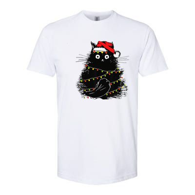 Christmas Lights Cat Black Fluffy Funny Santa Hat Cat Softstyle CVC T-Shirt