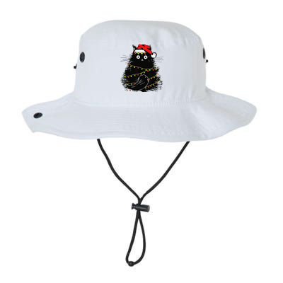 Christmas Lights Cat Black Fluffy Funny Santa Hat Cat Legacy Cool Fit Booney Bucket Hat