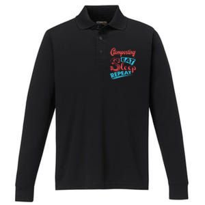 Composting Lovers Composting Eat Sleep Repeat Gift Performance Long Sleeve Polo