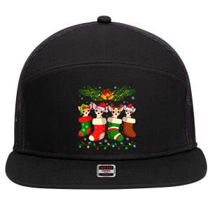 Christmas Light Chihuahua Dog In Christmas Sock Gift 7 Panel Mesh Trucker Snapback Hat