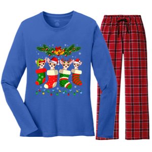 Christmas Light Chihuahua Dog In Christmas Sock Gift Women's Long Sleeve Flannel Pajama Set 