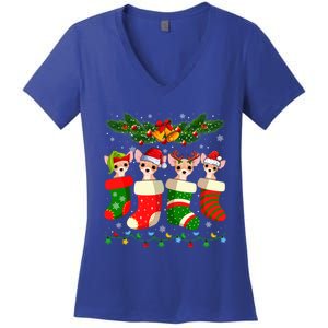 Christmas Light Chihuahua Dog In Christmas Sock Gift Women's V-Neck T-Shirt