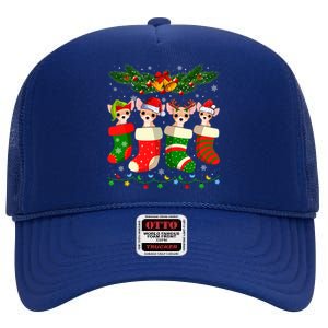 Christmas Light Chihuahua Dog In Christmas Sock Gift High Crown Mesh Back Trucker Hat