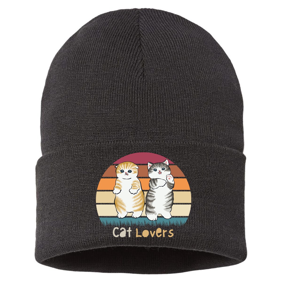 Cat Lovers Cute Retro Sunset Sustainable Knit Beanie
