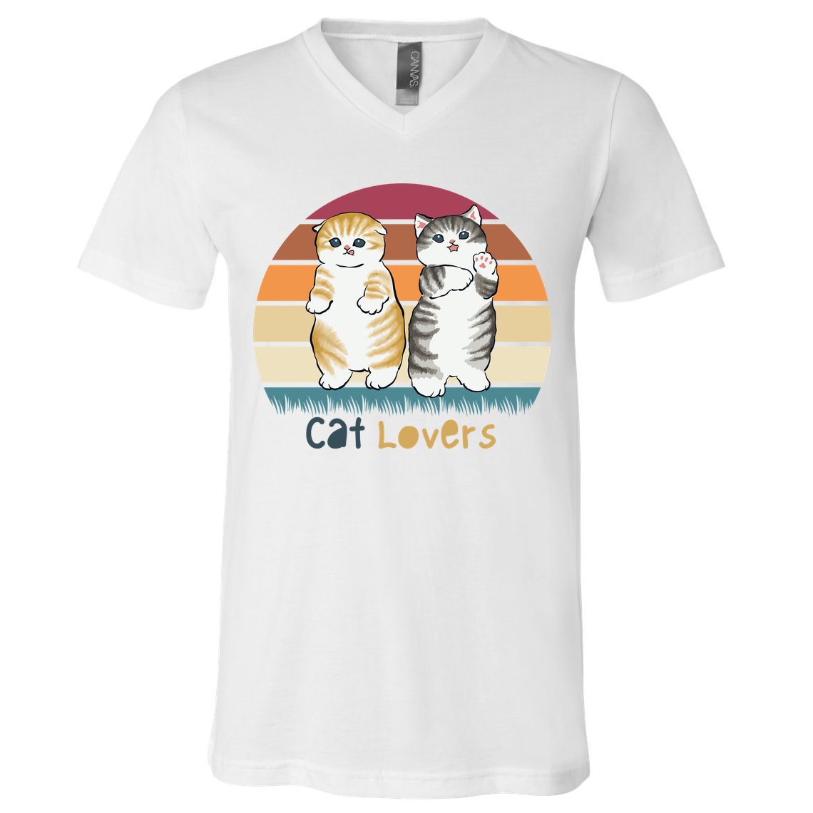 Cat Lovers Cute Retro Sunset V-Neck T-Shirt