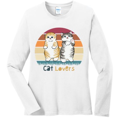 Cat Lovers Cute Retro Sunset Ladies Long Sleeve Shirt