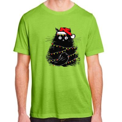 Christmas Lights Cat Black Fluffy Funny Santa Hat Cat Adult ChromaSoft Performance T-Shirt