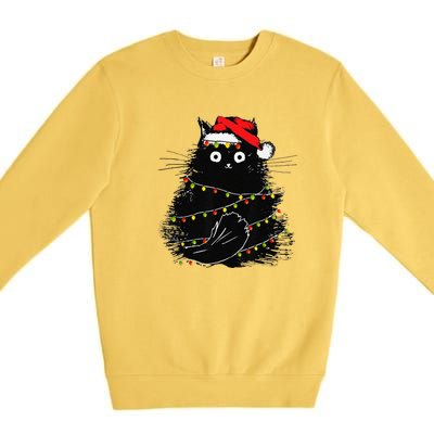 Christmas Lights Cat Black Fluffy Funny Santa Hat Cat Premium Crewneck Sweatshirt