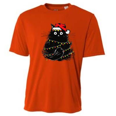 Christmas Lights Cat Black Fluffy Funny Santa Hat Cat Cooling Performance Crew T-Shirt