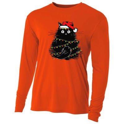 Christmas Lights Cat Black Fluffy Funny Santa Hat Cat Cooling Performance Long Sleeve Crew