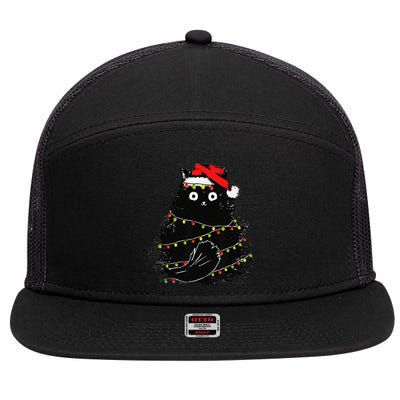 Christmas Lights Cat Black Fluffy Funny Santa Hat Cat 7 Panel Mesh Trucker Snapback Hat