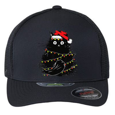 Christmas Lights Cat Black Fluffy Funny Santa Hat Cat Flexfit Unipanel Trucker Cap