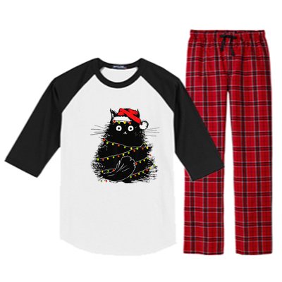 Christmas Lights Cat Black Fluffy Funny Santa Hat Cat Raglan Sleeve Pajama Set