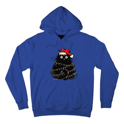 Christmas Lights Cat Black Fluffy Funny Santa Hat Cat Hoodie