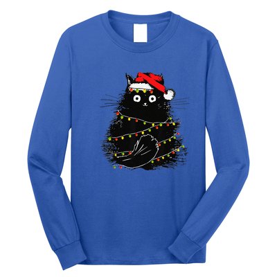 Christmas Lights Cat Black Fluffy Funny Santa Hat Cat Long Sleeve Shirt