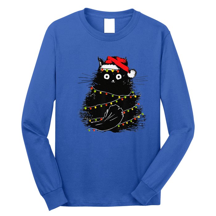 Christmas Lights Cat Black Fluffy Funny Santa Hat Cat Long Sleeve Shirt