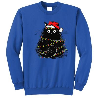 Christmas Lights Cat Black Fluffy Funny Santa Hat Cat Sweatshirt