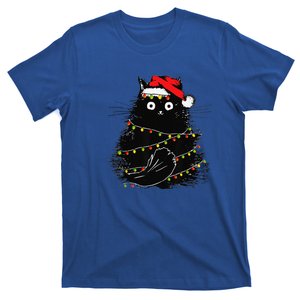 Christmas Lights Cat Black Fluffy Funny Santa Hat Cat T-Shirt