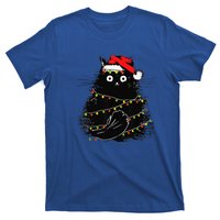 Christmas Lights Cat Black Fluffy Funny Santa Hat Cat T-Shirt