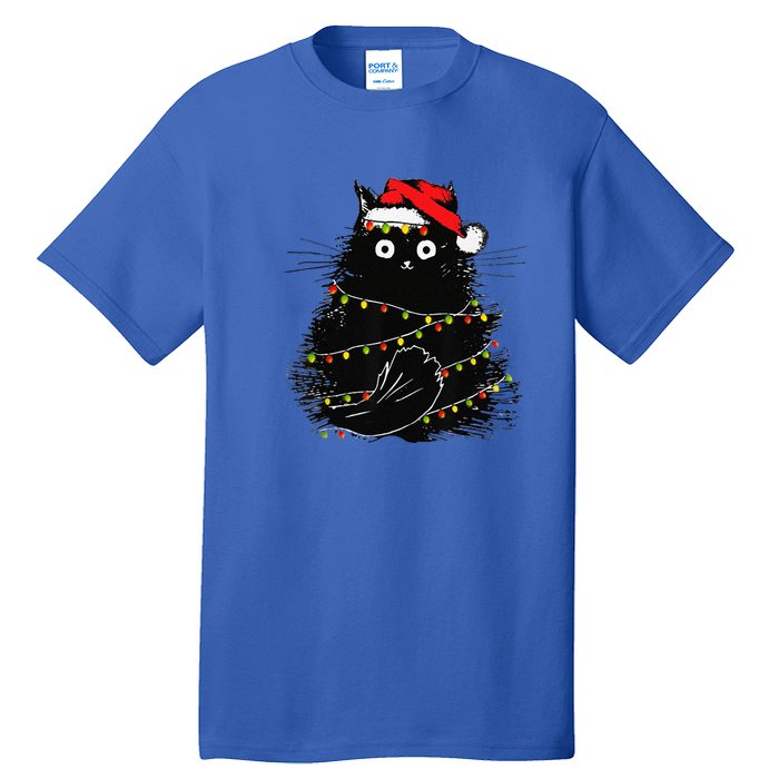 Christmas Lights Cat Black Fluffy Funny Santa Hat Cat Tall T-Shirt