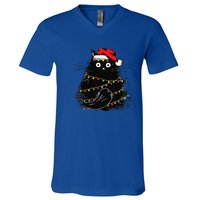 Christmas Lights Cat Black Fluffy Funny Santa Hat Cat V-Neck T-Shirt