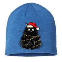 Christmas Lights Cat Black Fluffy Funny Santa Hat Cat Sustainable Beanie