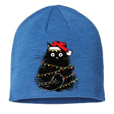 Christmas Lights Cat Black Fluffy Funny Santa Hat Cat Sustainable Beanie