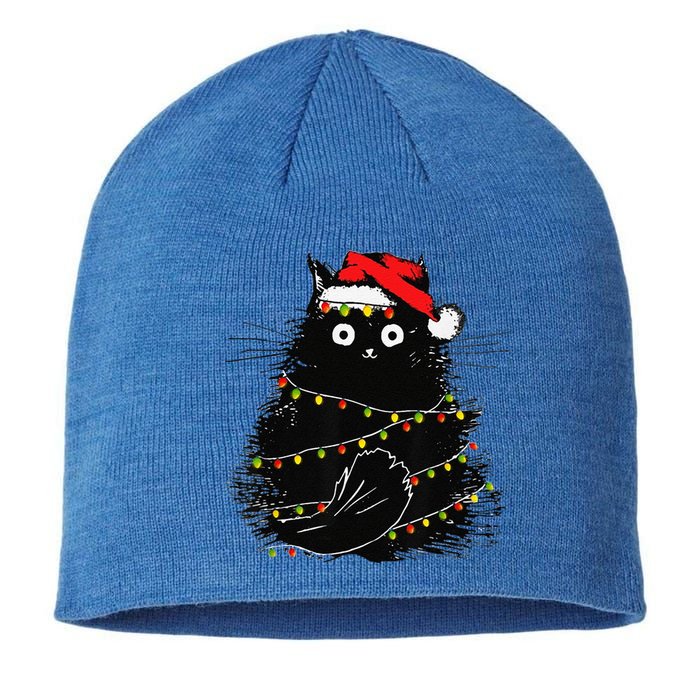 Christmas Lights Cat Black Fluffy Funny Santa Hat Cat Sustainable Beanie