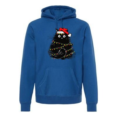 Christmas Lights Cat Black Fluffy Funny Santa Hat Cat Premium Hoodie