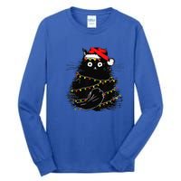 Christmas Lights Cat Black Fluffy Funny Santa Hat Cat Tall Long Sleeve T-Shirt