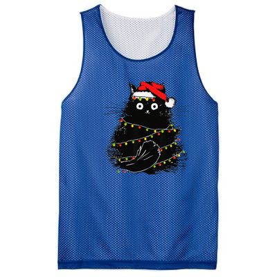 Christmas Lights Cat Black Fluffy Funny Santa Hat Cat Mesh Reversible Basketball Jersey Tank