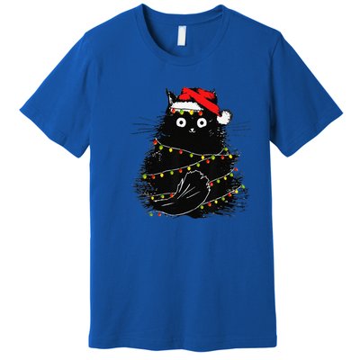 Christmas Lights Cat Black Fluffy Funny Santa Hat Cat Premium T-Shirt