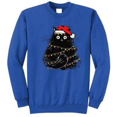 Christmas Lights Cat Black Fluffy Funny Santa Hat Cat Tall Sweatshirt