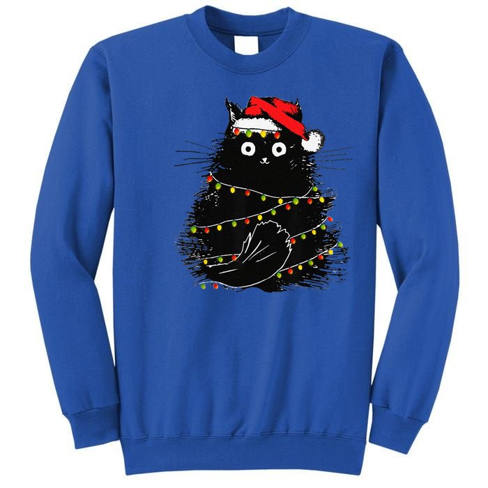 Christmas Lights Cat Black Fluffy Funny Santa Hat Cat Tall Sweatshirt