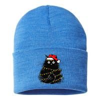 Christmas Lights Cat Black Fluffy Funny Santa Hat Cat Sustainable Knit Beanie