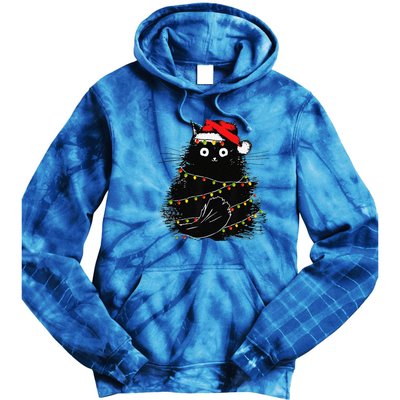 Christmas Lights Cat Black Fluffy Funny Santa Hat Cat Tie Dye Hoodie