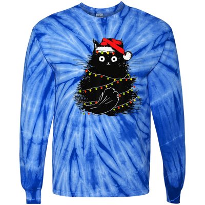 Christmas Lights Cat Black Fluffy Funny Santa Hat Cat Tie-Dye Long Sleeve Shirt