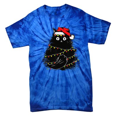 Christmas Lights Cat Black Fluffy Funny Santa Hat Cat Tie-Dye T-Shirt