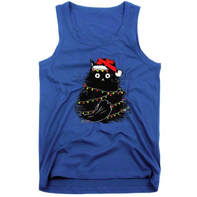 Christmas Lights Cat Black Fluffy Funny Santa Hat Cat Tank Top