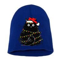 Christmas Lights Cat Black Fluffy Funny Santa Hat Cat Short Acrylic Beanie