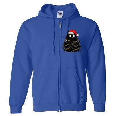 Christmas Lights Cat Black Fluffy Funny Santa Hat Cat Full Zip Hoodie