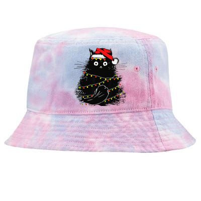 Christmas Lights Cat Black Fluffy Funny Santa Hat Cat Tie-Dyed Bucket Hat