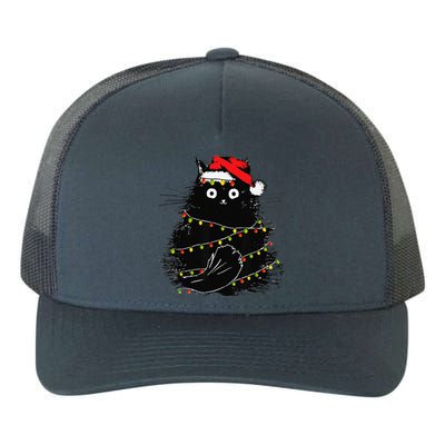 Christmas Lights Cat Black Fluffy Funny Santa Hat Cat Yupoong Adult 5-Panel Trucker Hat