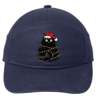 Christmas Lights Cat Black Fluffy Funny Santa Hat Cat 7-Panel Snapback Hat