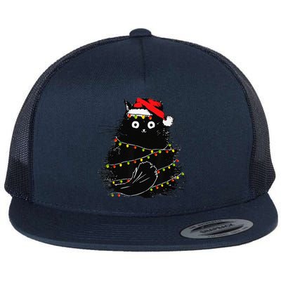 Christmas Lights Cat Black Fluffy Funny Santa Hat Cat Flat Bill Trucker Hat