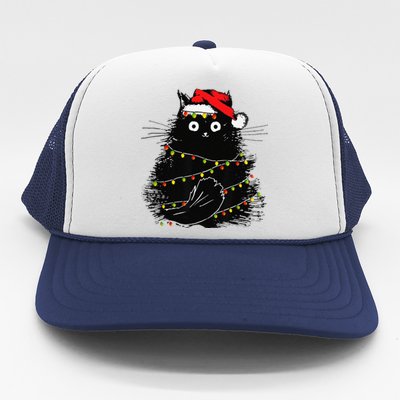 Christmas Lights Cat Black Fluffy Funny Santa Hat Cat Trucker Hat