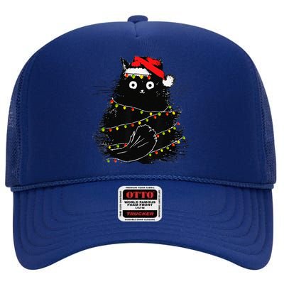 Christmas Lights Cat Black Fluffy Funny Santa Hat Cat High Crown Mesh Back Trucker Hat