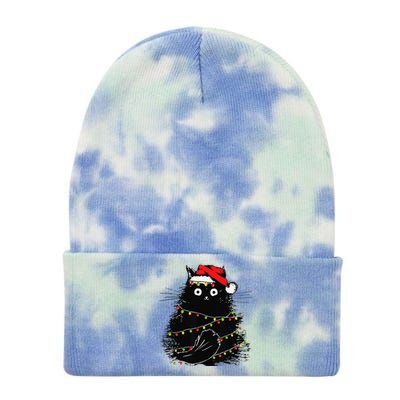 Christmas Lights Cat Black Fluffy Funny Santa Hat Cat Tie Dye 12in Knit Beanie